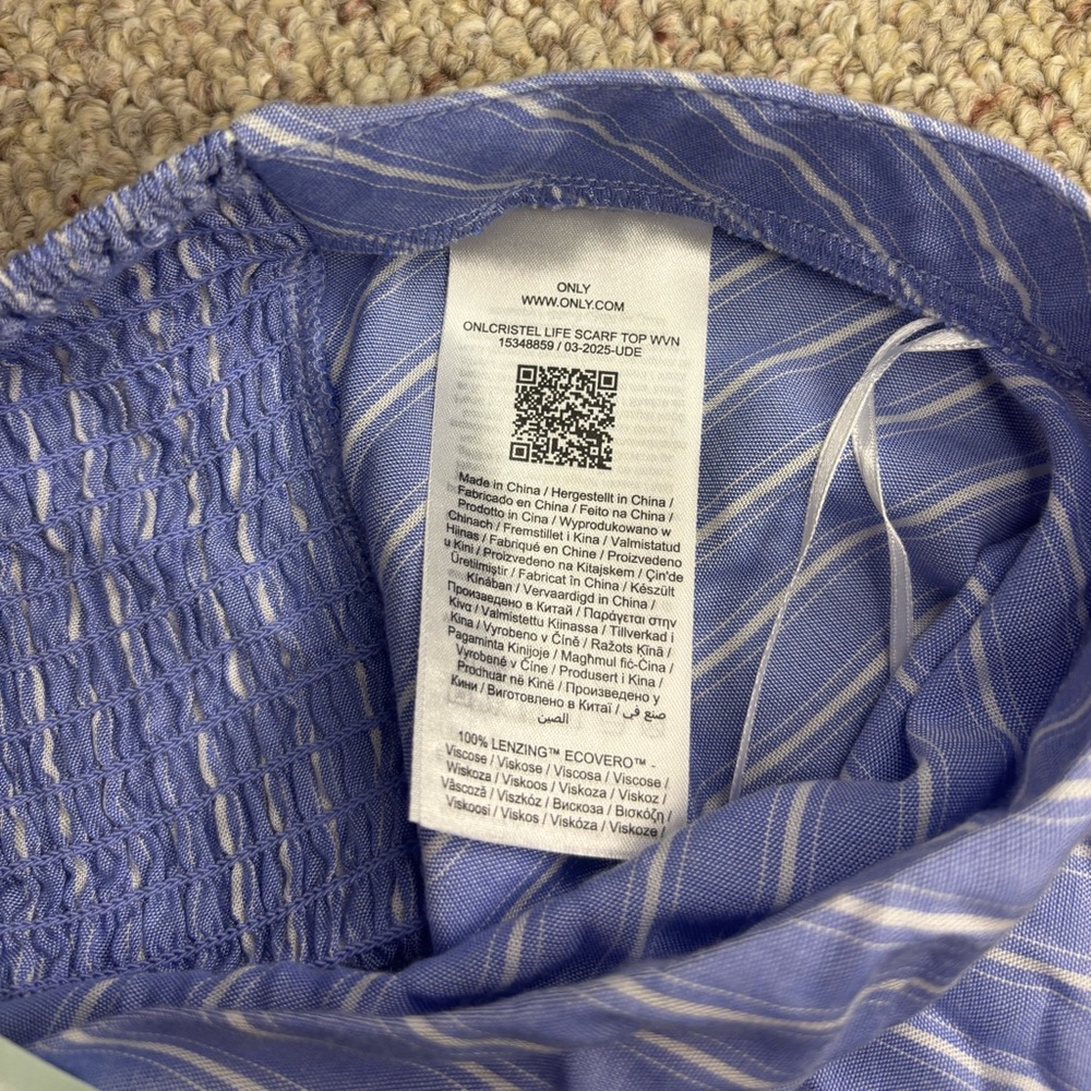 NWT ONLY Cristel Scarf Top Blue & White Striped Strapless Crop Smocked Back - Picture 4 of 5